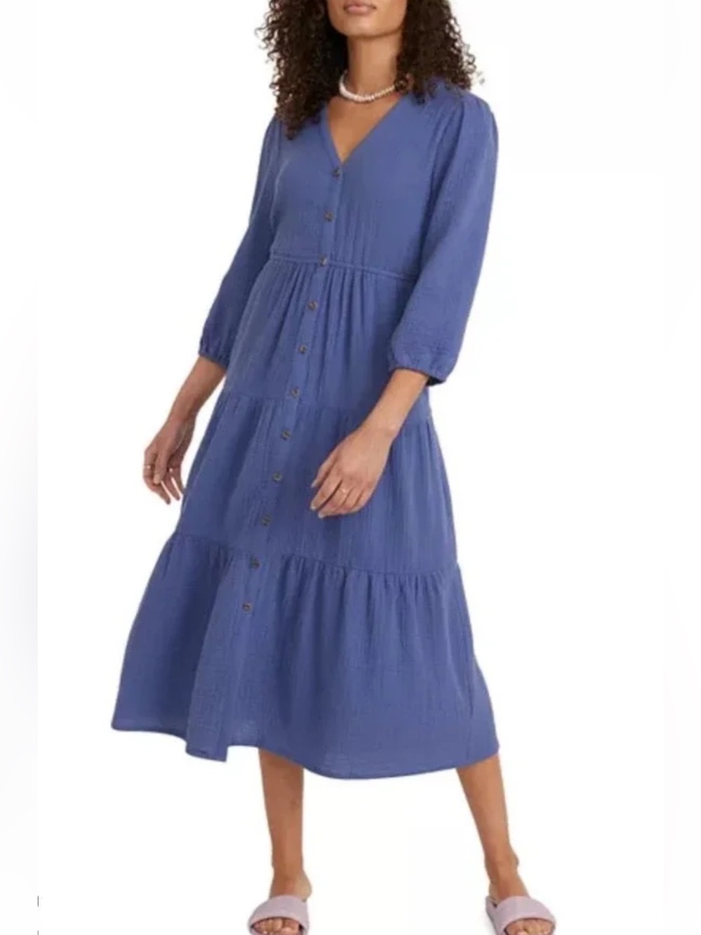 Marine Layer Blue DoubleCloth Button-Front Tiered V-Neck Midi Dress Gauze Large